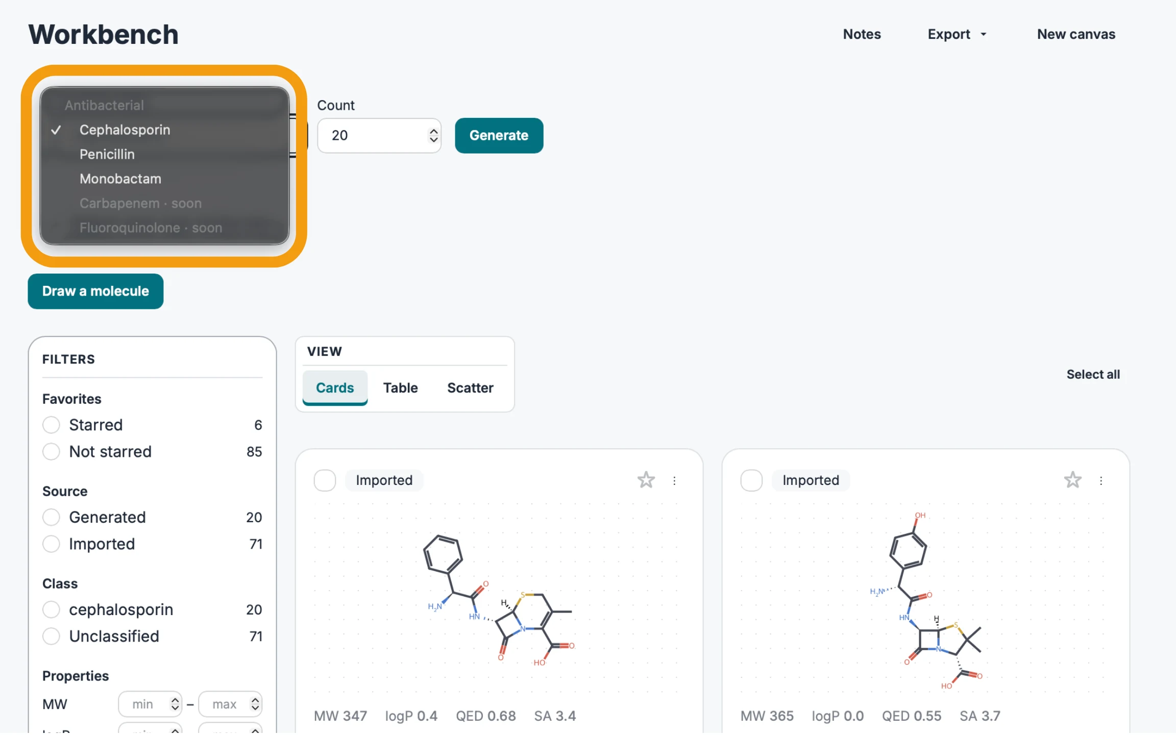 The workbench chemical class menu open, with cephalosporin selected