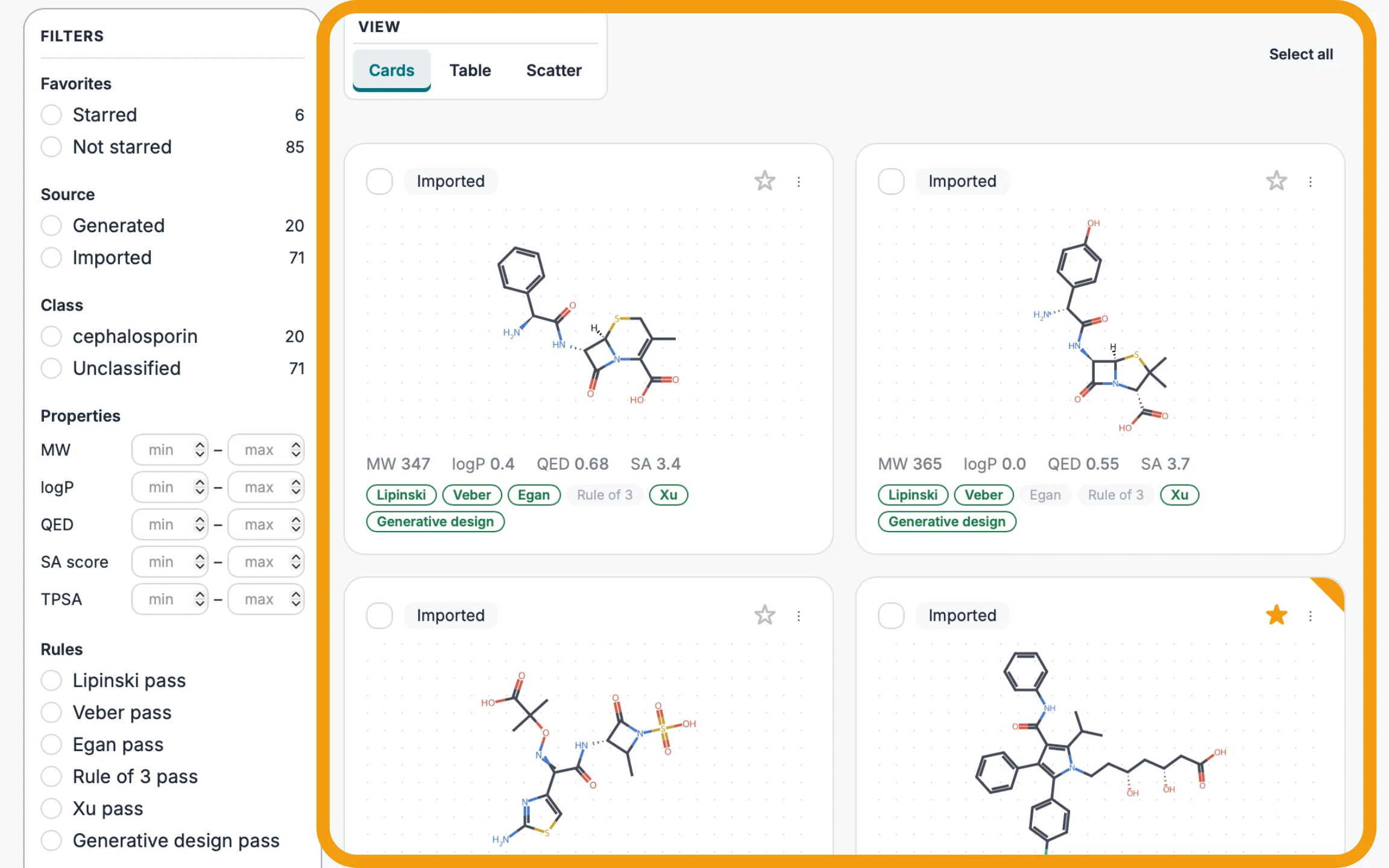 The accumulating working set as a grid of molecule cards