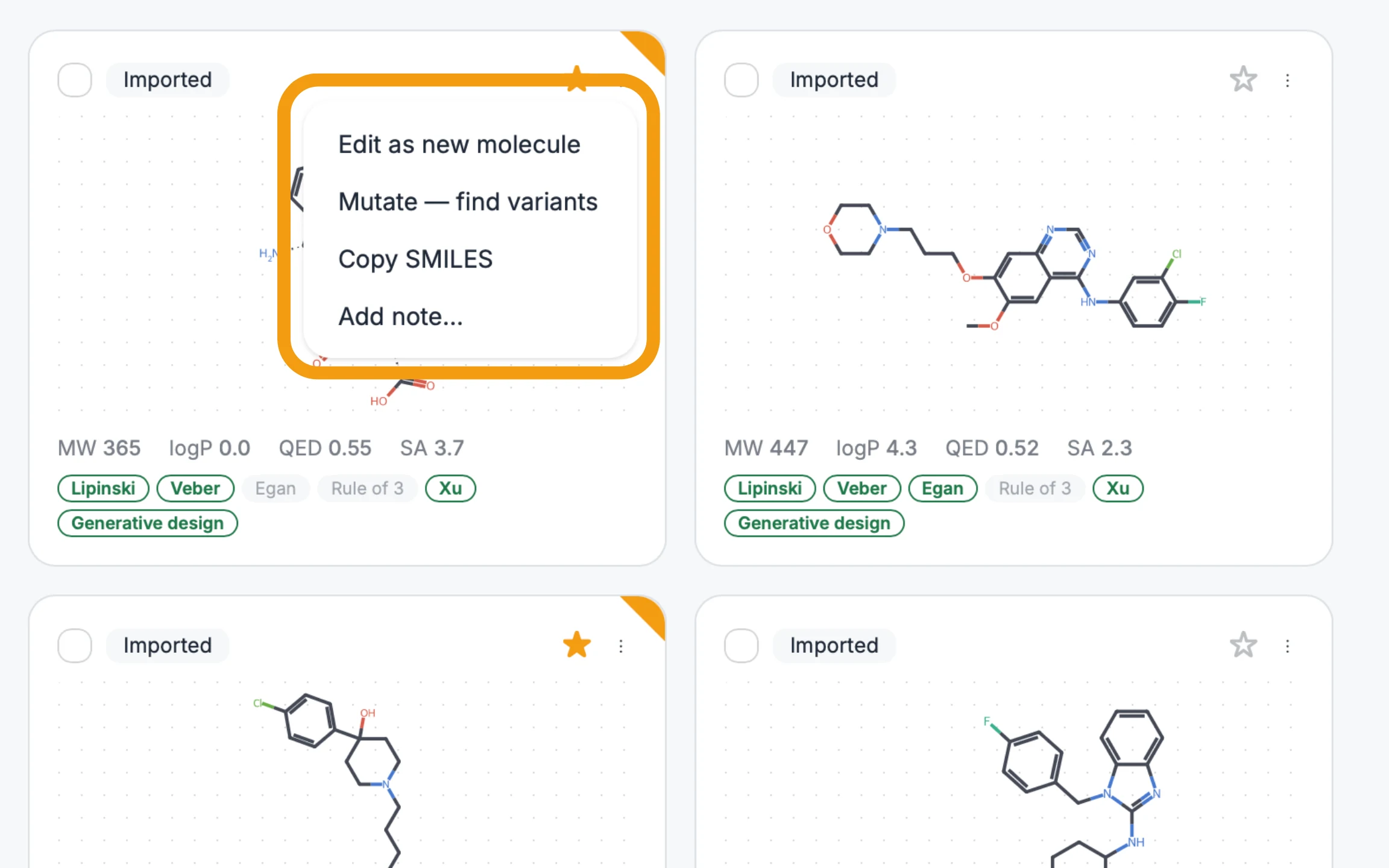 A molecule card's menu, offering edit, mutate, copy SMILES and note