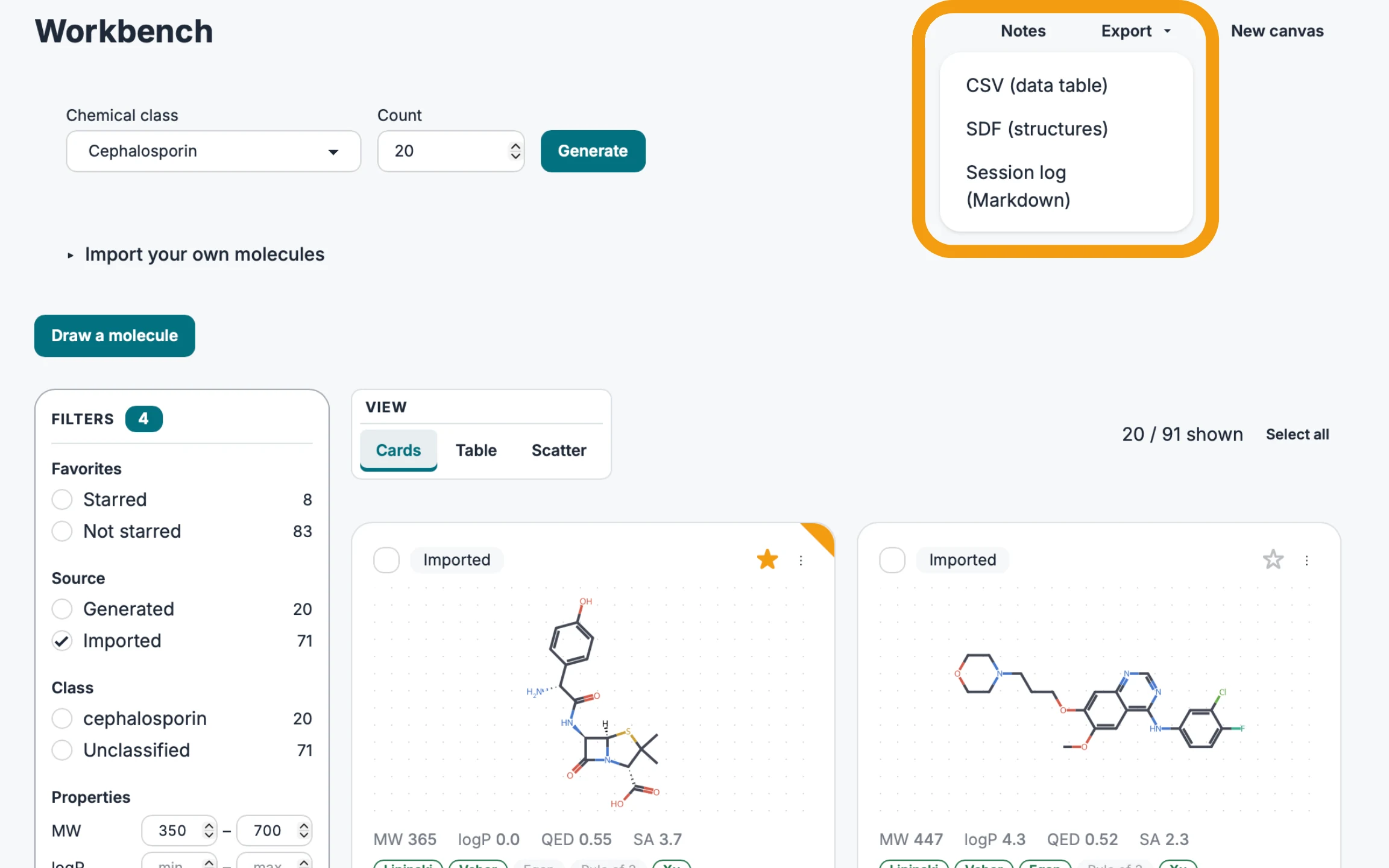 The export menu offering CSV, SDF and a Markdown session log